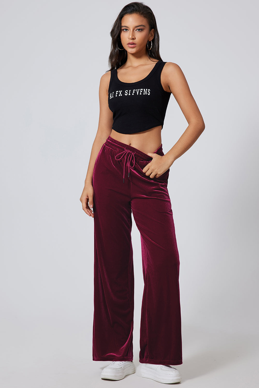 Black Solid Drawstring Waist Wide Leg Pants