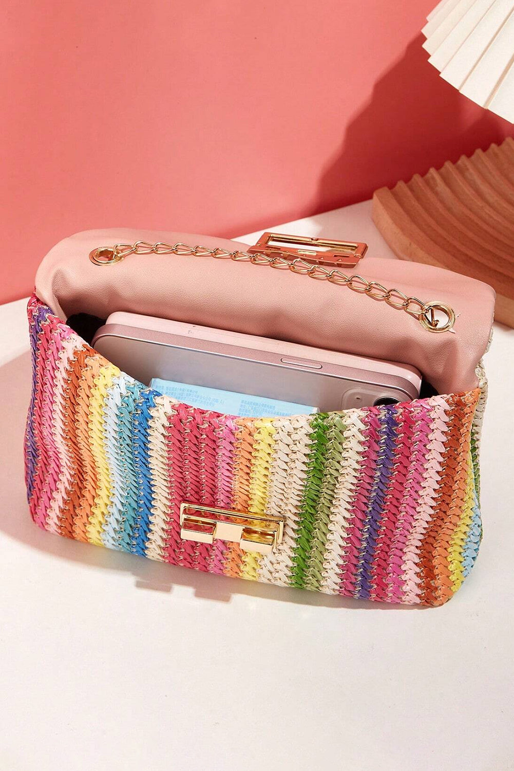 Strawberry Pink Bohemian Woven Gold Chain Shoulder Bag