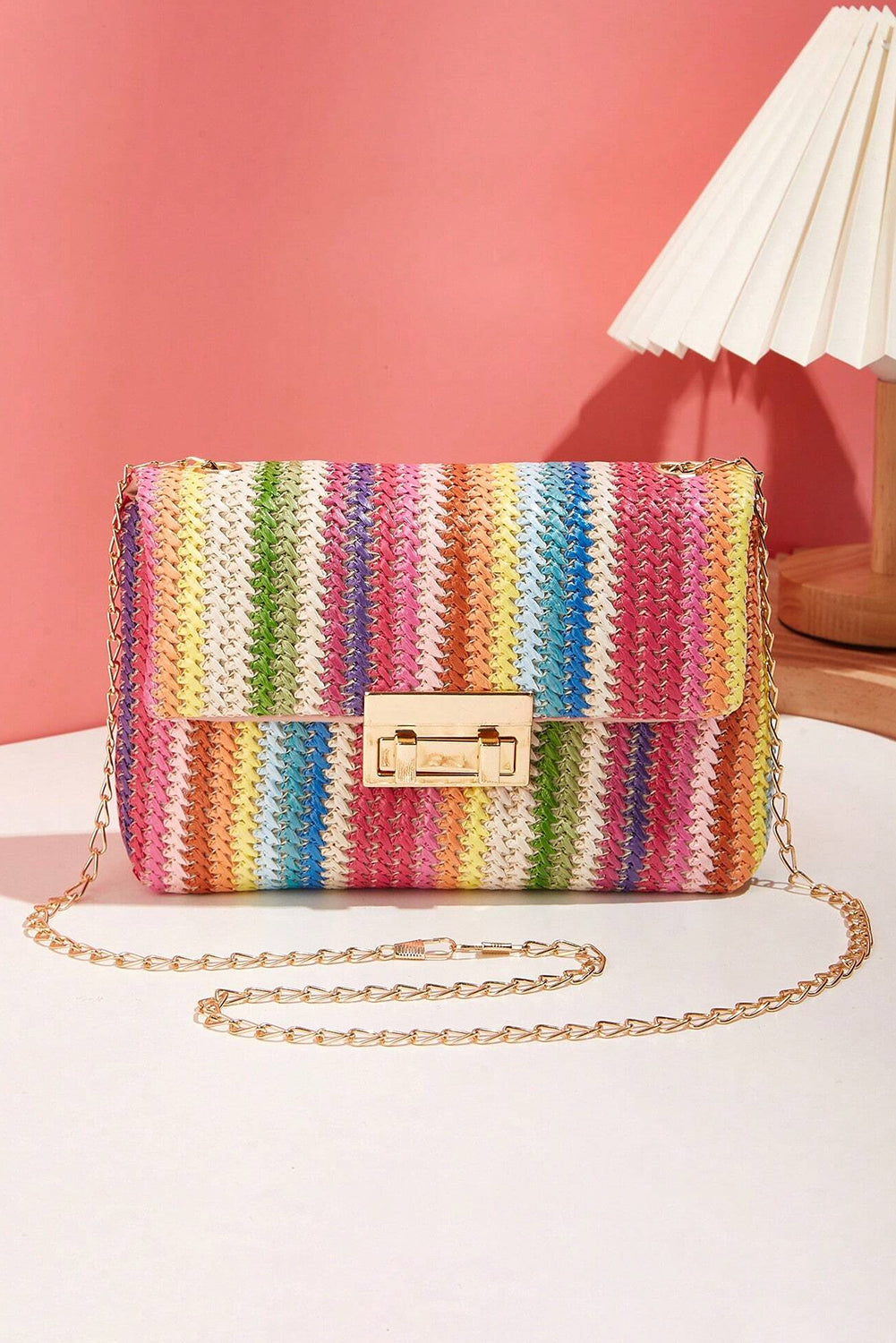 Strawberry Pink Bohemian Woven Gold Chain Shoulder Bag