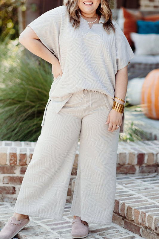 Beige Plus Size Textured Collared Top and Pants 2pc Outfit