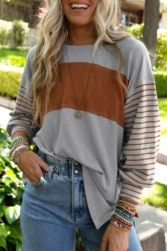 Gray Colorblock Striped Bishop Sleeve Top