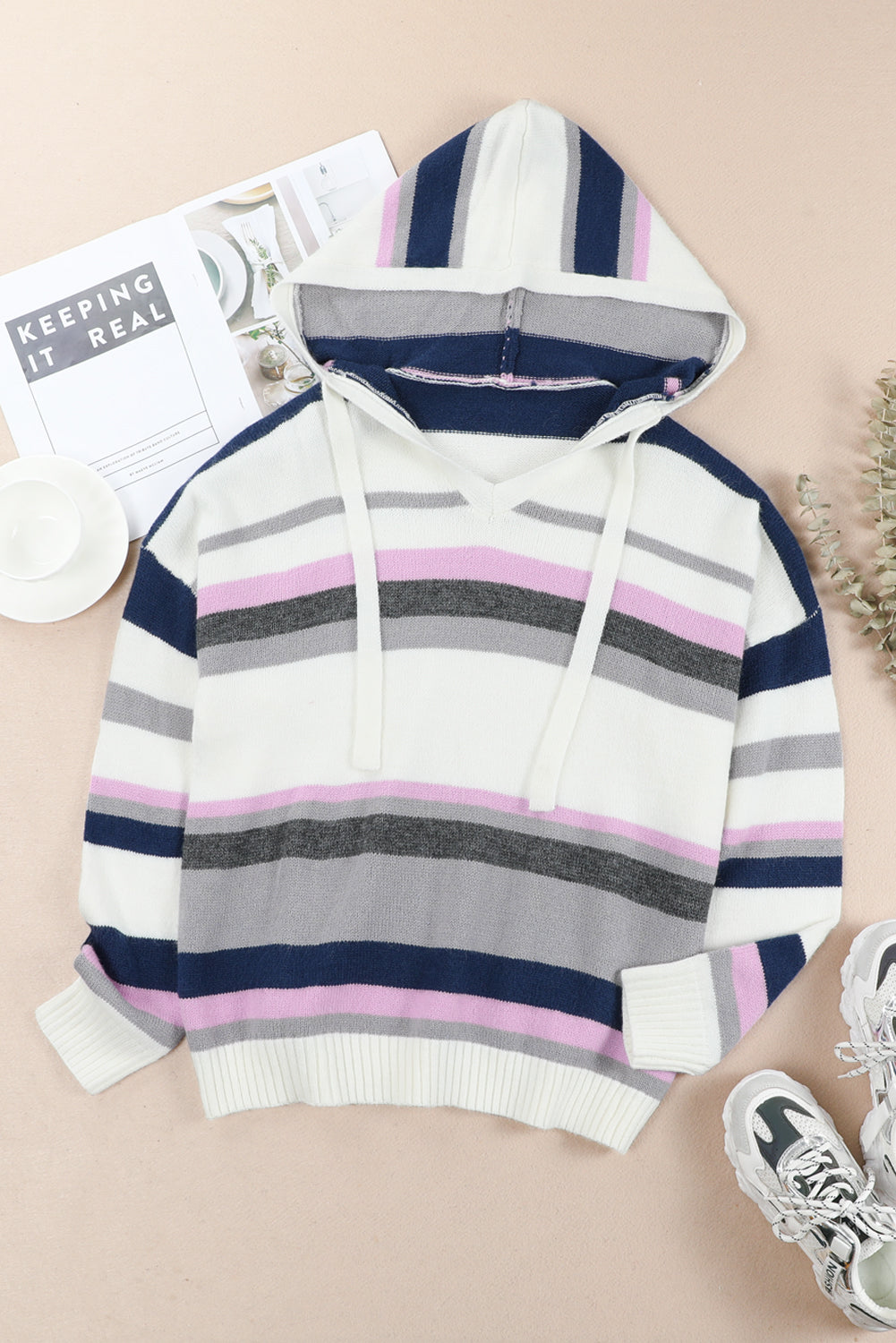 Stripe Plus Size Striped Hooded Knit Sweater