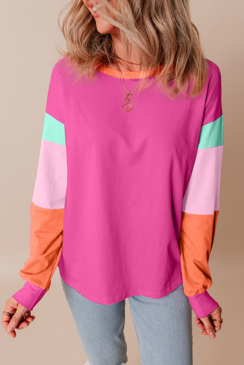 Green Colorblock Patchwork Long Sleeve Loose Top