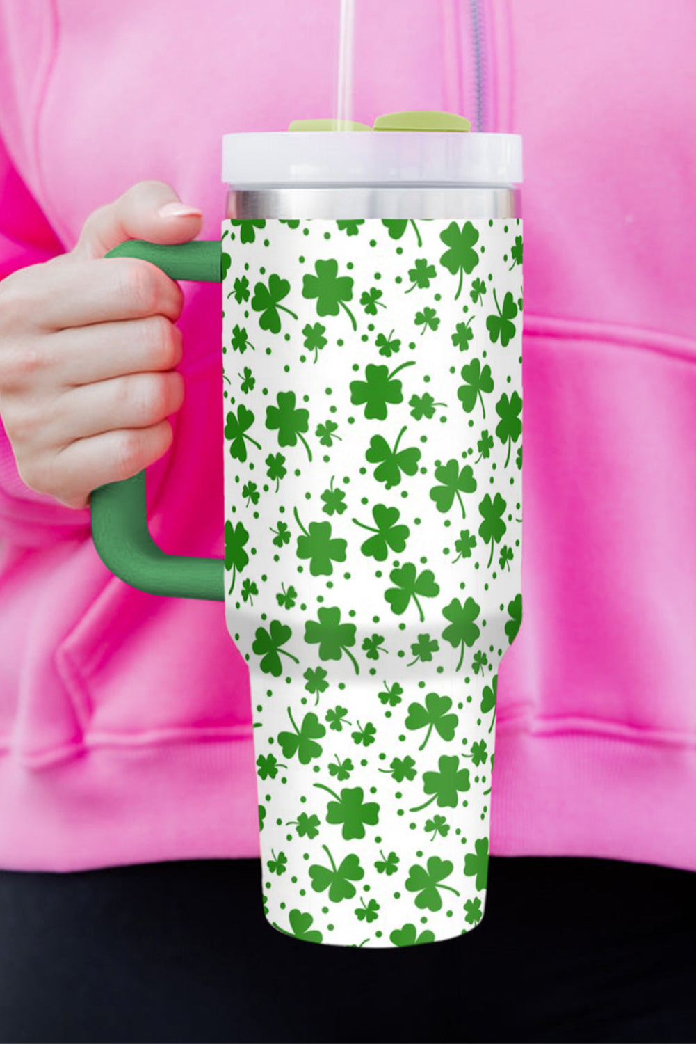 Dark Green St. Patrick’s Clover Print Thermos Cup with Handle 40oz