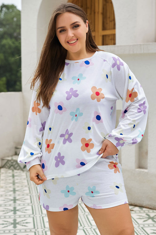 White Plus Size Flower Print Raglan Pullover and Shorts 2pcs Outfit