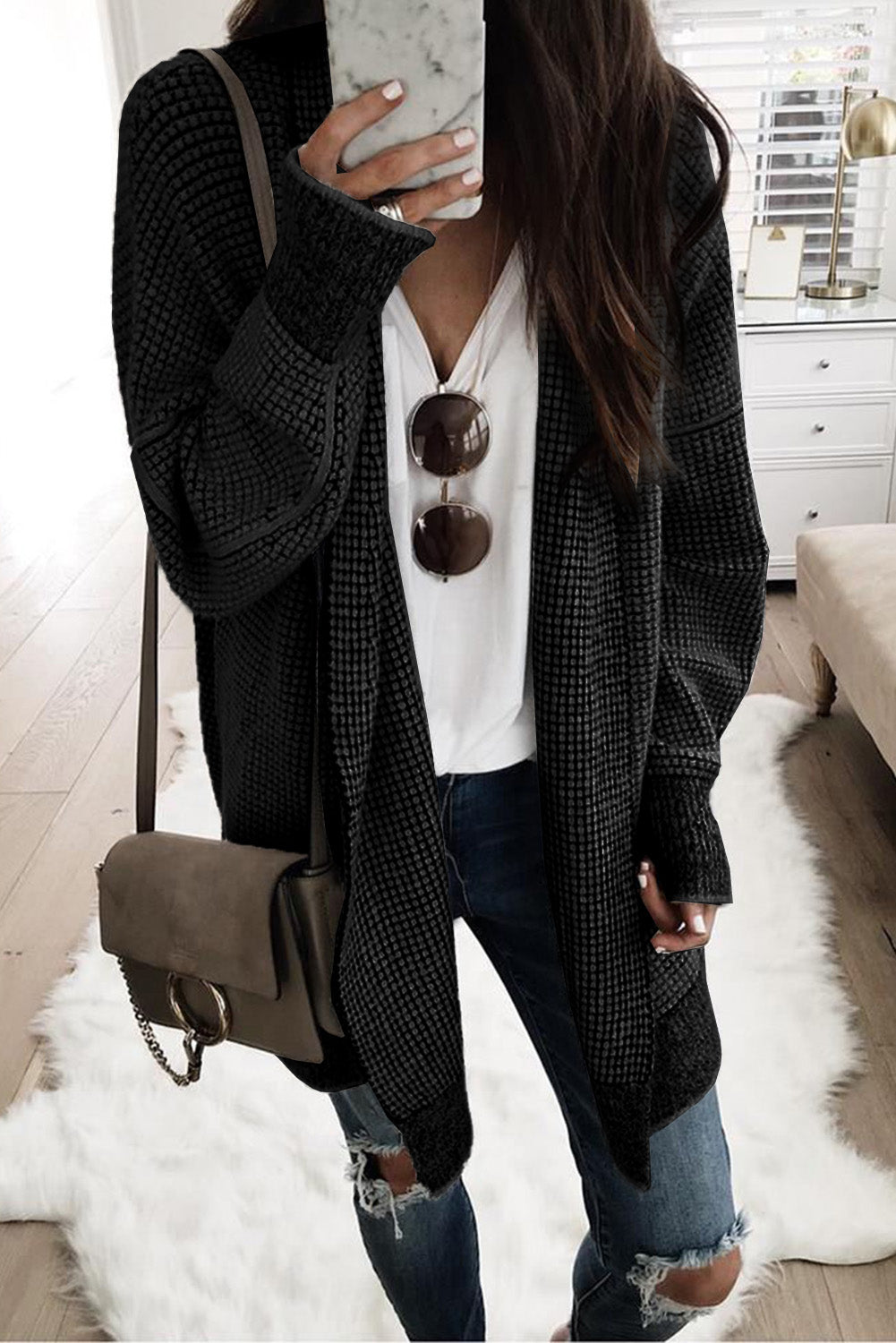 Pink Plaid Knitted Long Open Front Cardigan