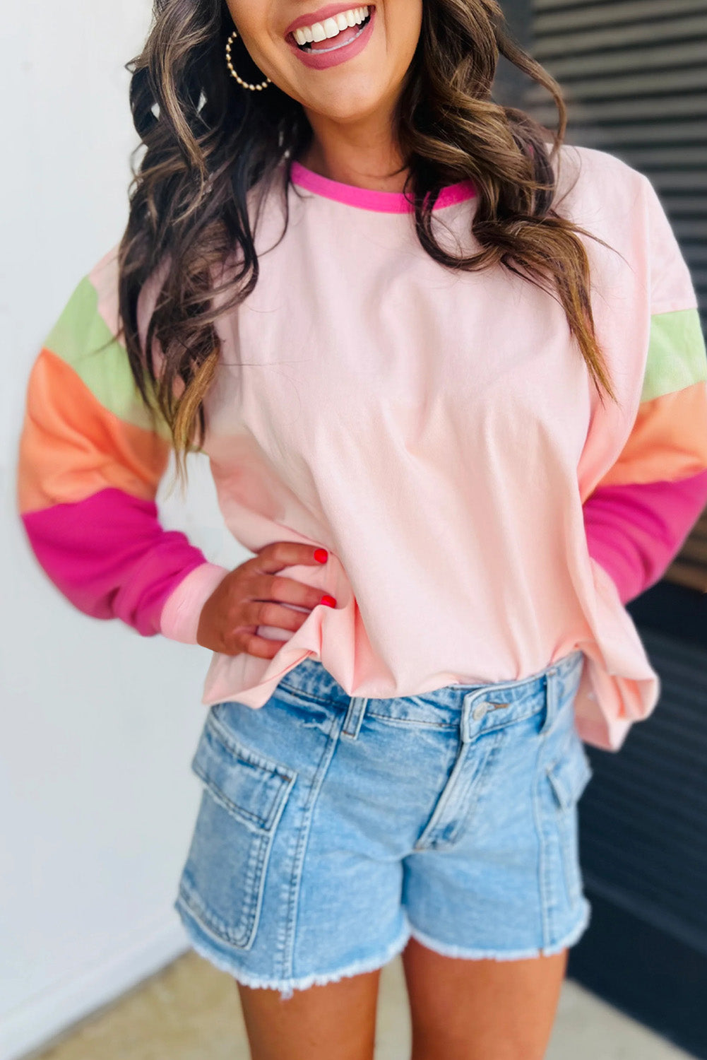 Green Colorblock Patchwork Long Sleeve Loose Top