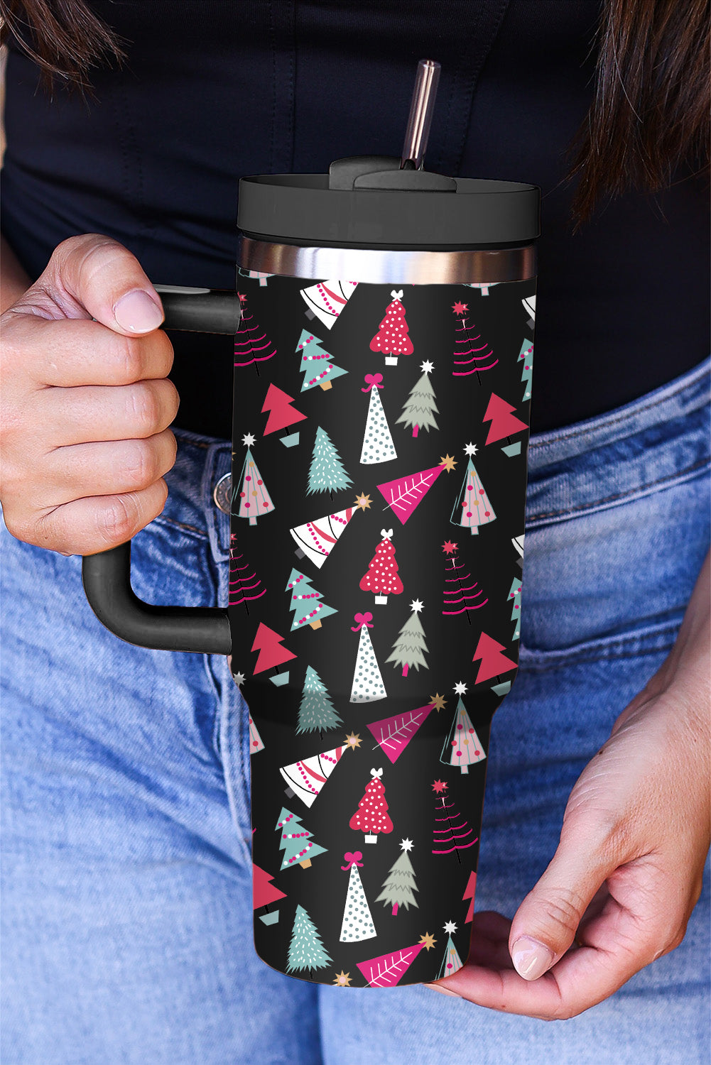 Rose Red Cartoon Christmas Tree Printed Thermos Cup 40oz