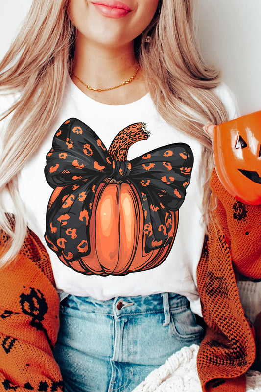 White Halloween Bowknot Pumpkin Graphic Crewneck T Shirt