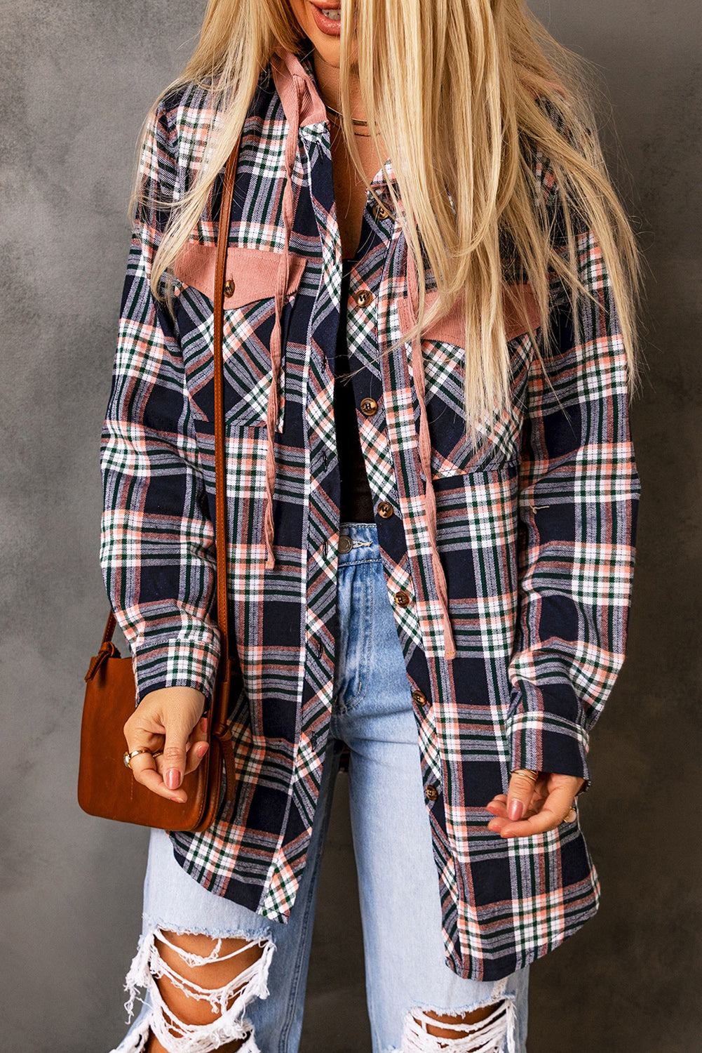 Contrast Hooded Drawstring Plaid Shacket