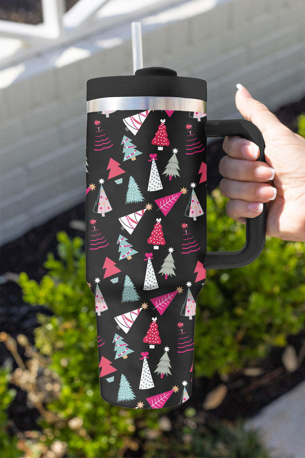 Rose Red Cartoon Christmas Tree Printed Thermos Cup 40oz