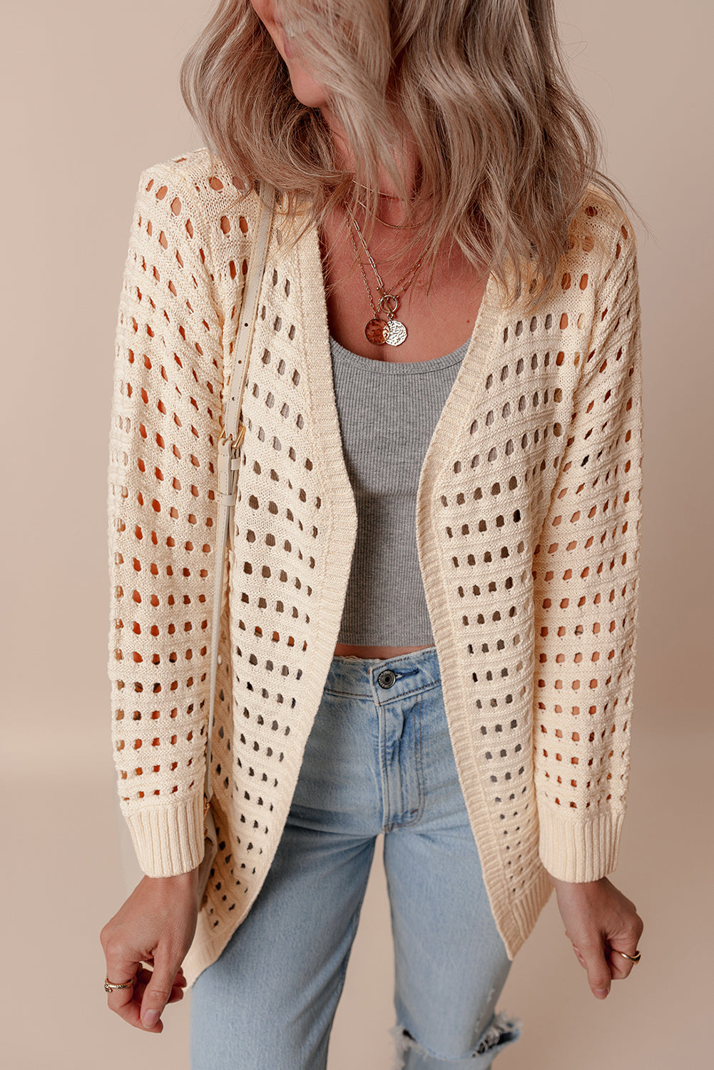 Apricot Solid Color Open Knit Textured Cardigan