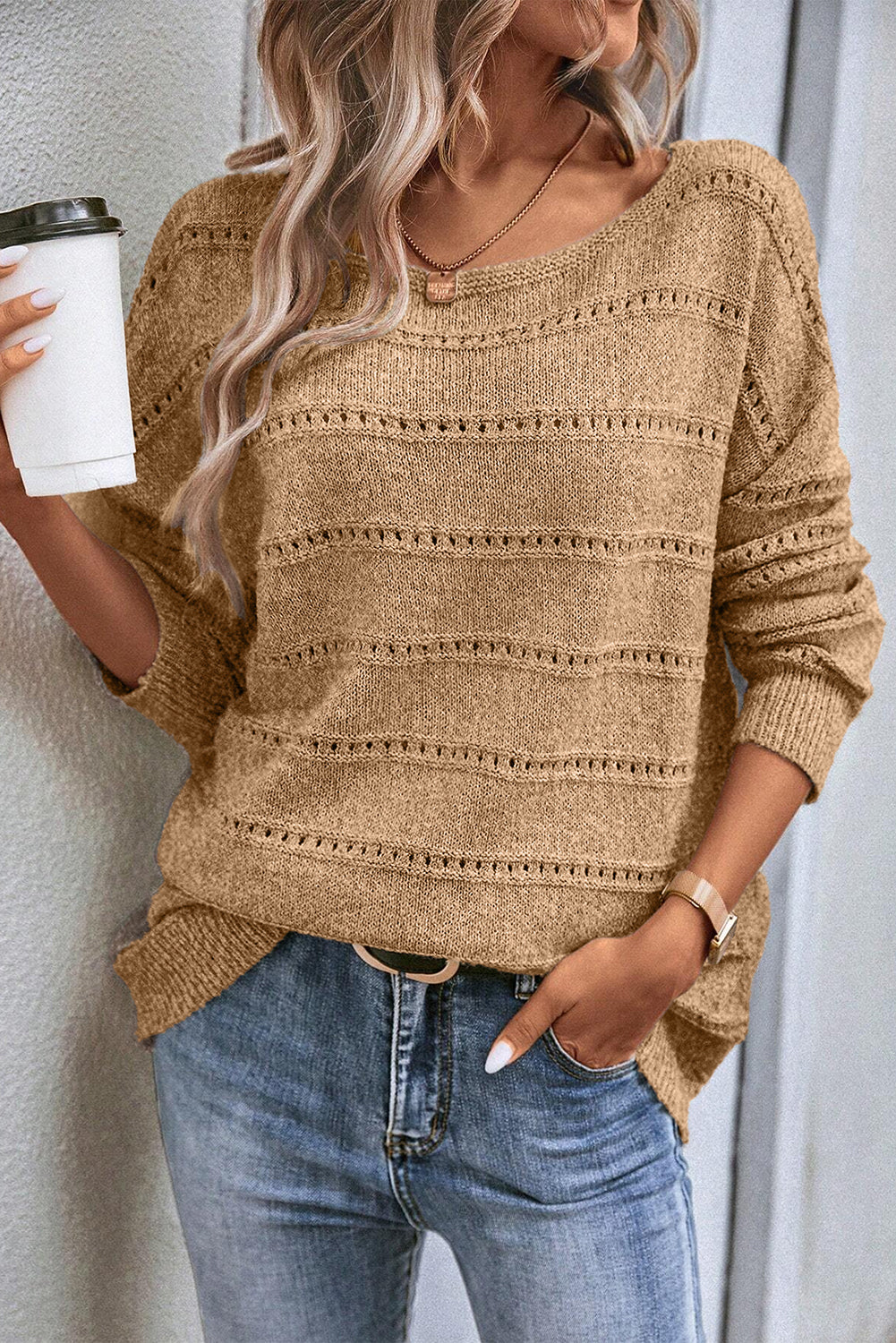 Light Grey Boat Neck Drop Shoulder Pointelle Knit Sweater