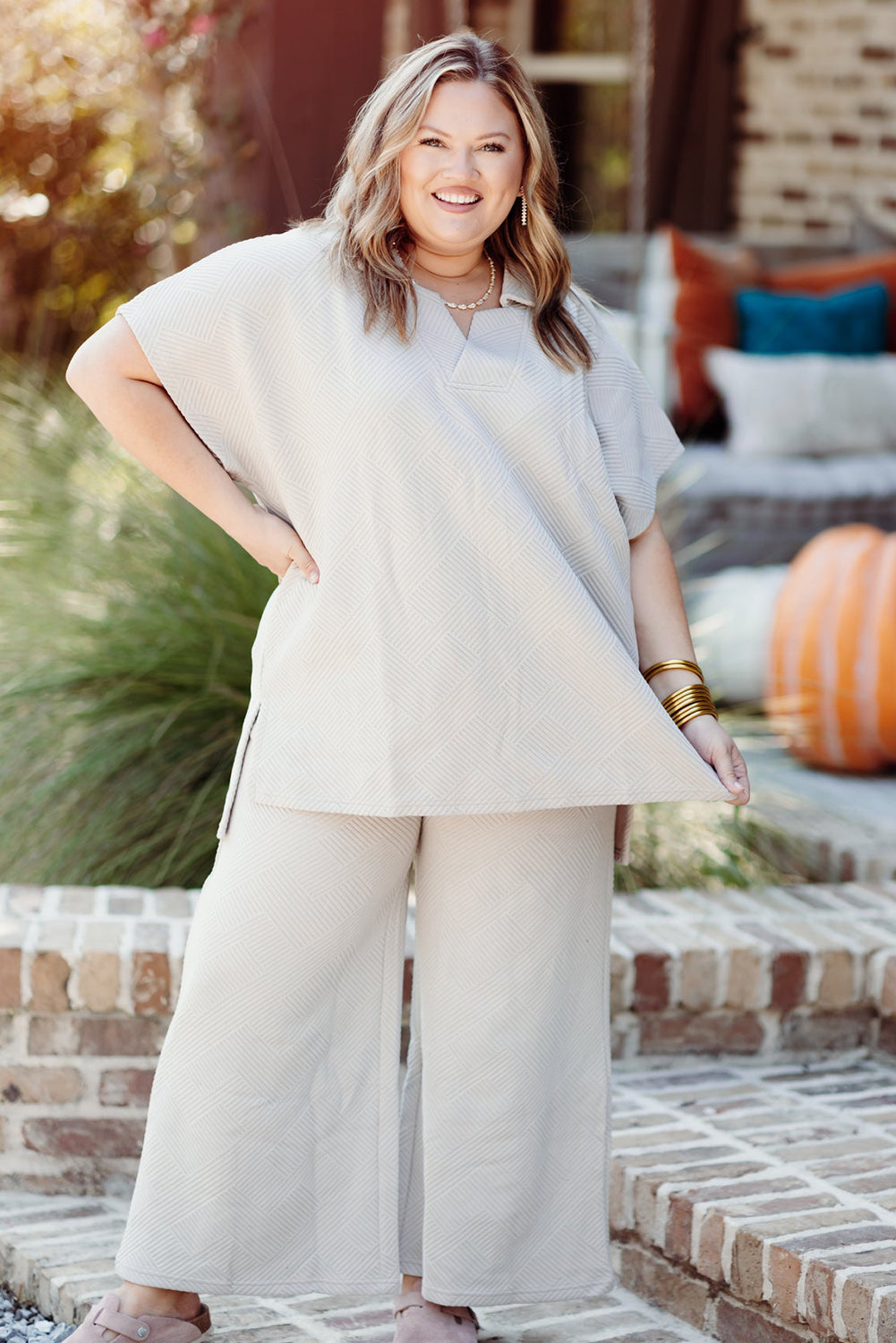 Beige Plus Size Textured Collared Top and Pants 2pc Outfit