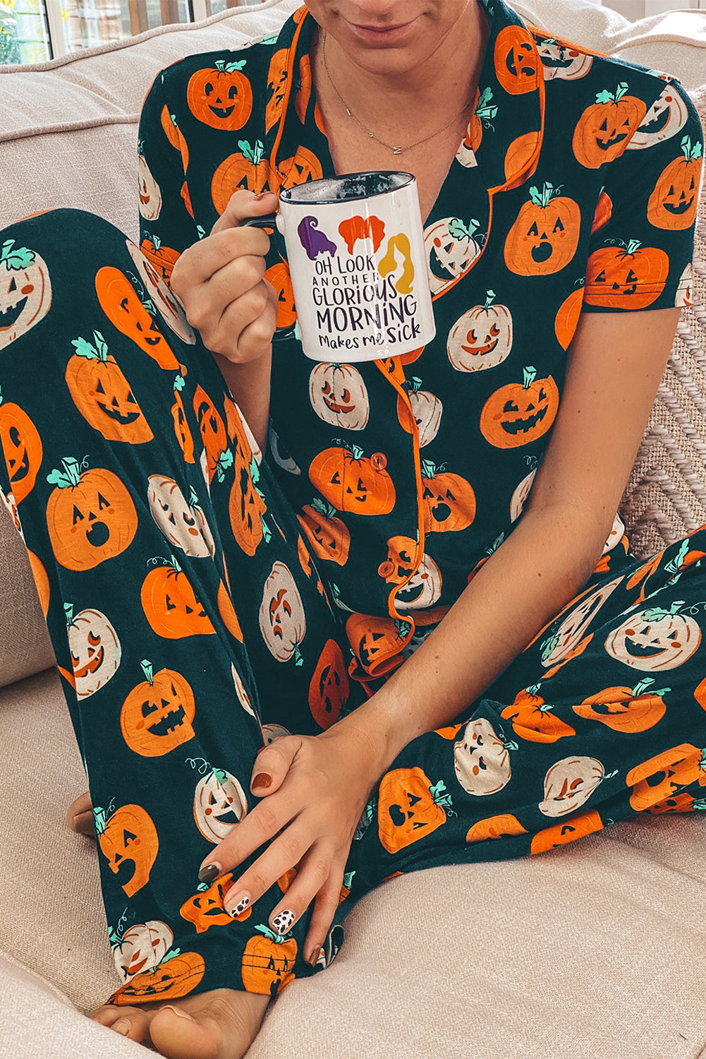 Black Halloween Pattern Short Sleeve Shirt Pajama Set