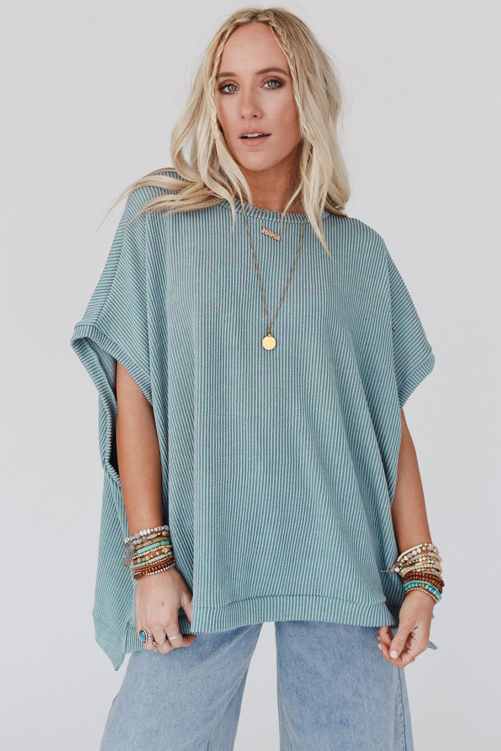 Apricot Ribbed Knit Batwing Sleeve Tunic Oversized T Shirt