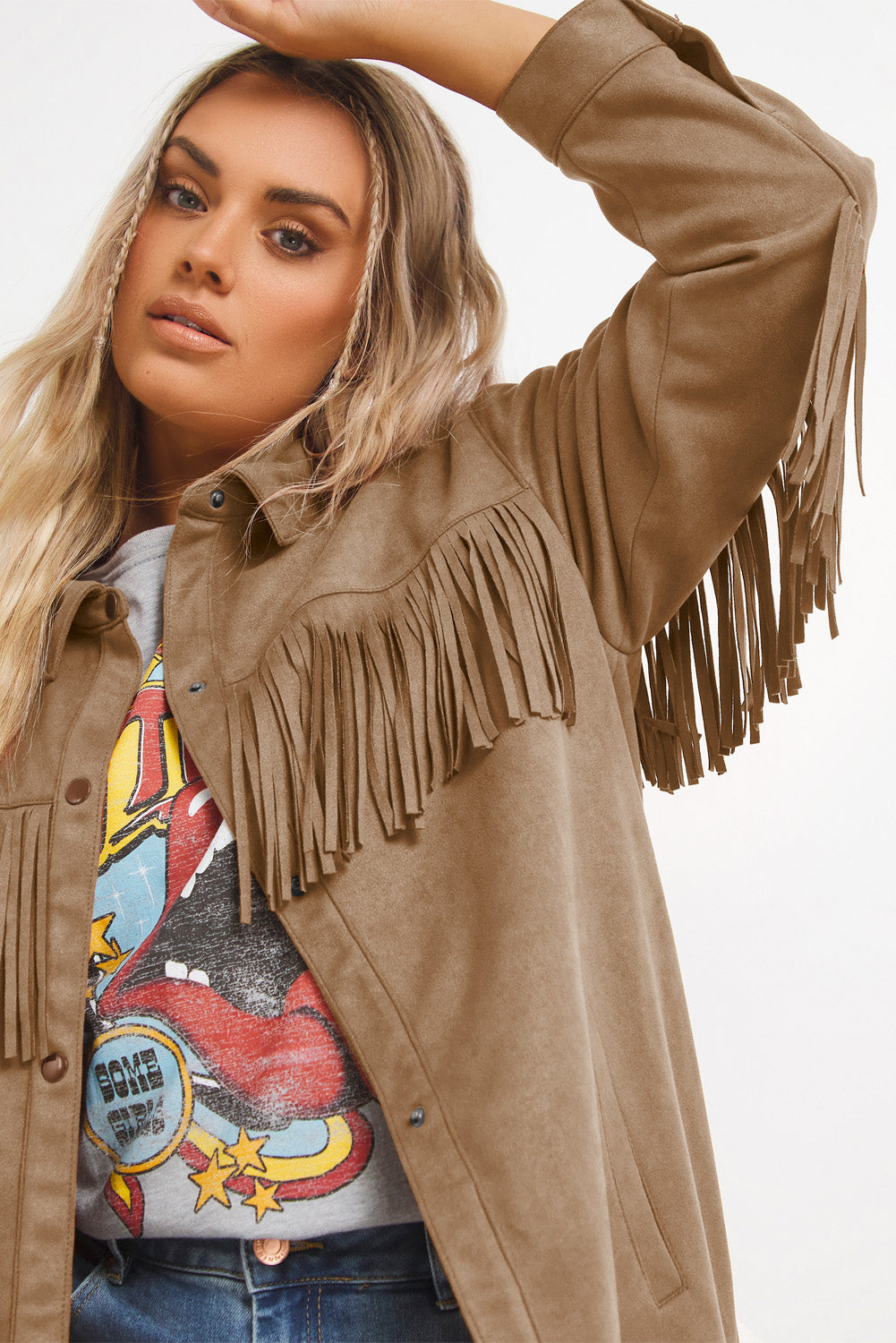 Khaki Fringe Trim Plus Size Suede Shacket