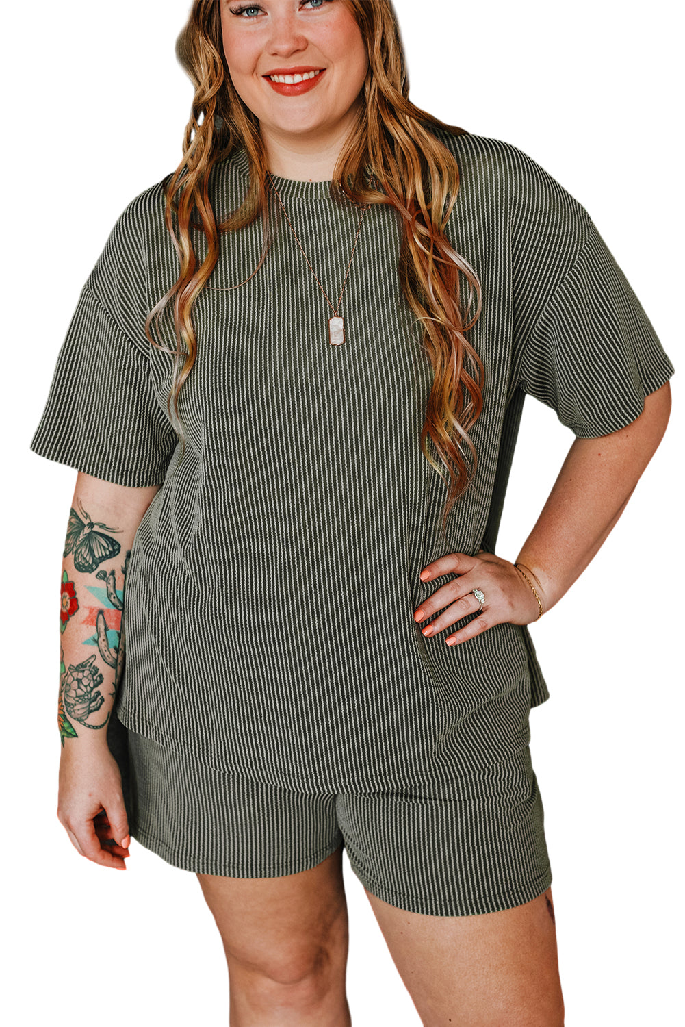 Moss Green Plus Size Rib Knit Short Sleeve Top and Shorts 2pcs Outfit