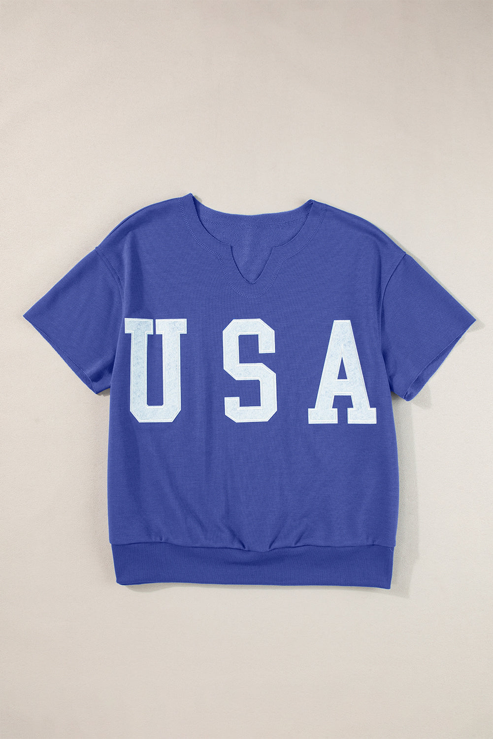 Black USA Lettering Patch Notched Neck Loose Tee