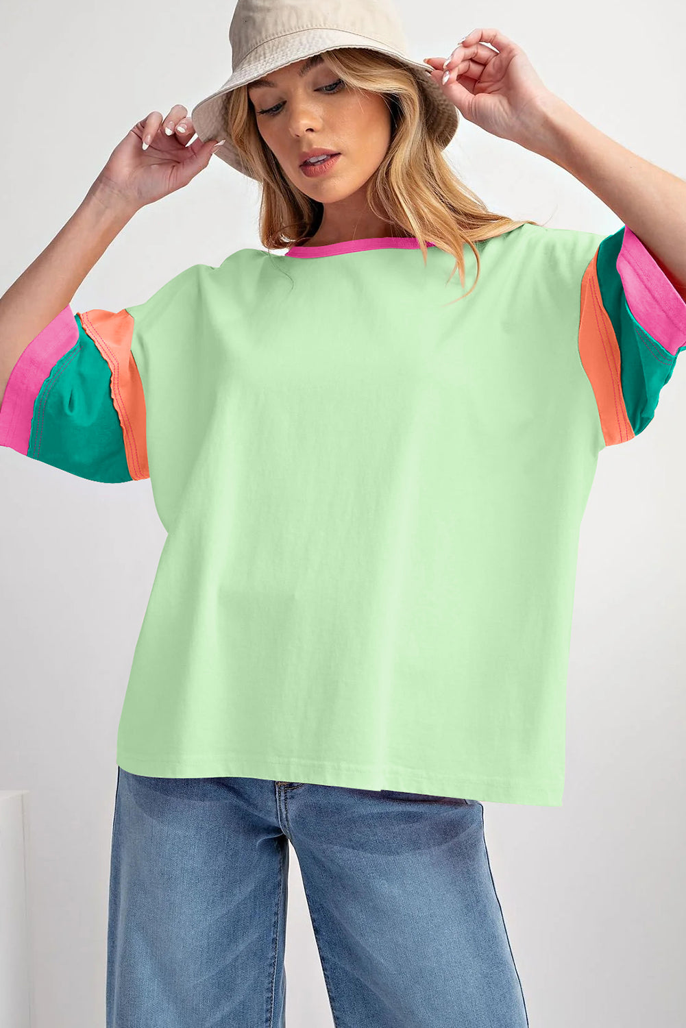 Light Blue Color Block Stitching Sleeve Round Neck Oversize Top