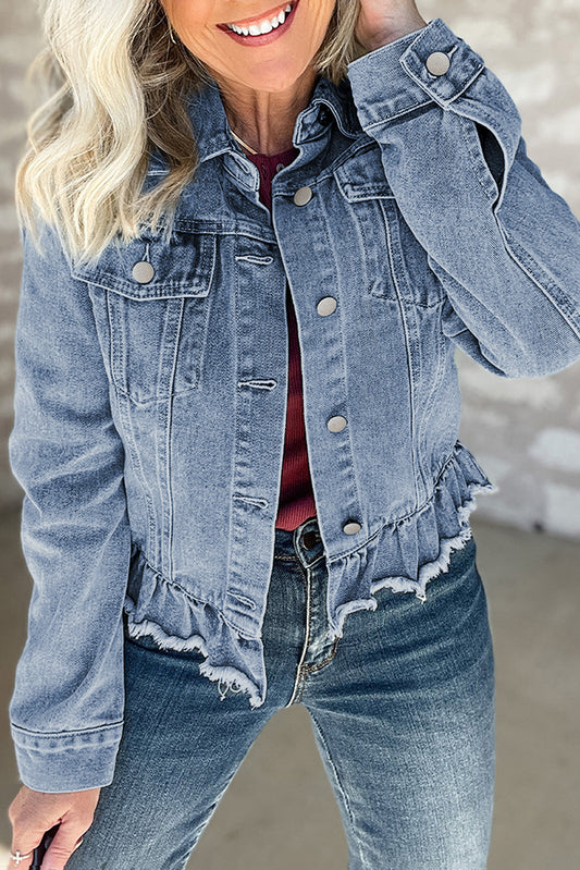 Navy Blue Ruffle Raw Hem Flap Pockets Denim Jacket