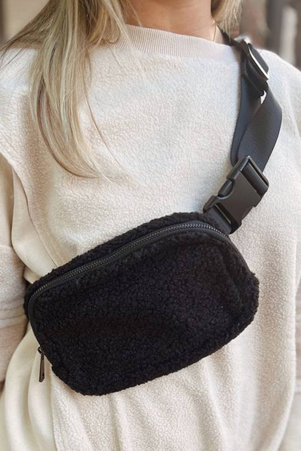 Black Sherpa Adjustable Strap Crossbody Bag