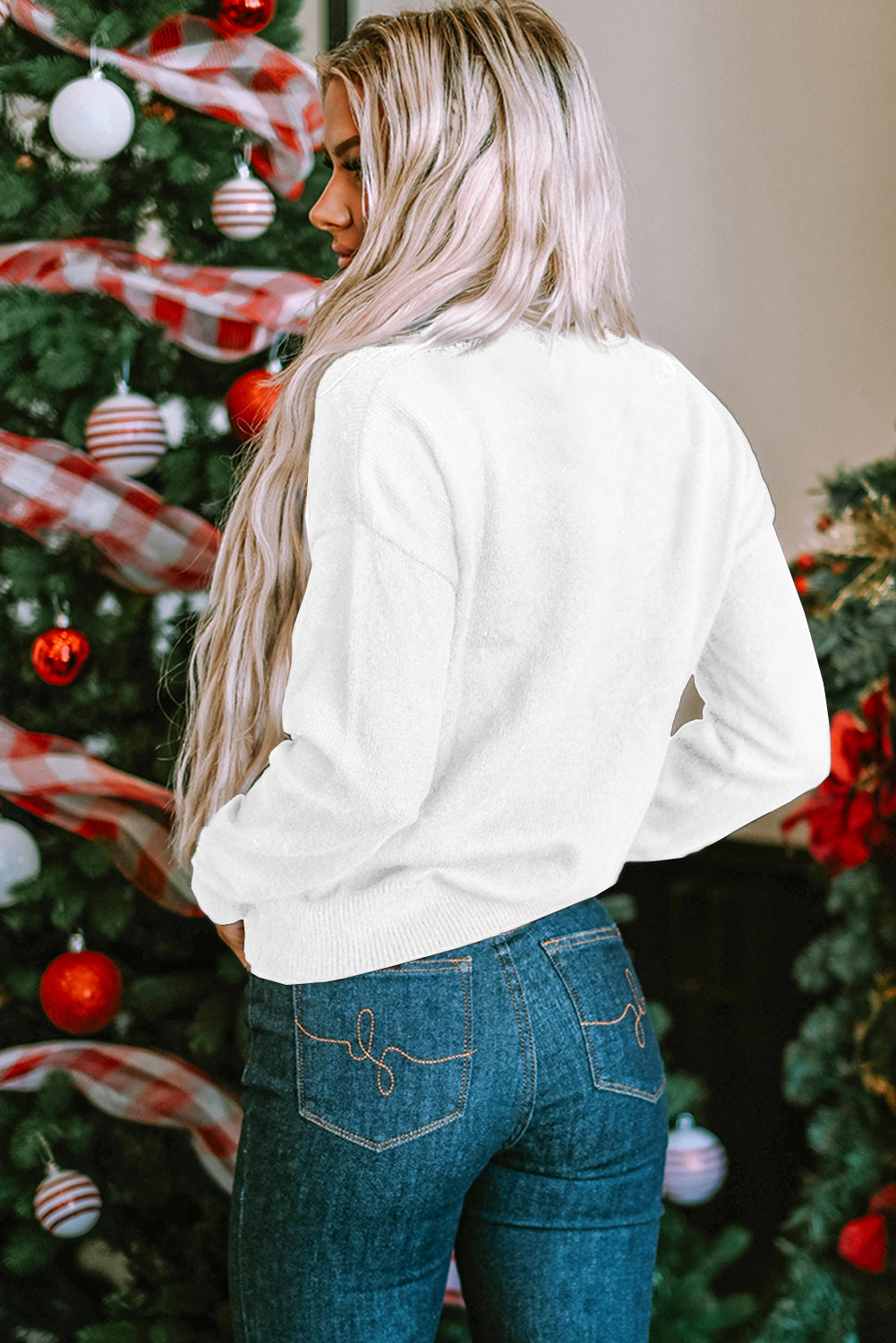 White Holly Jolly Round Neck Casual Sweater