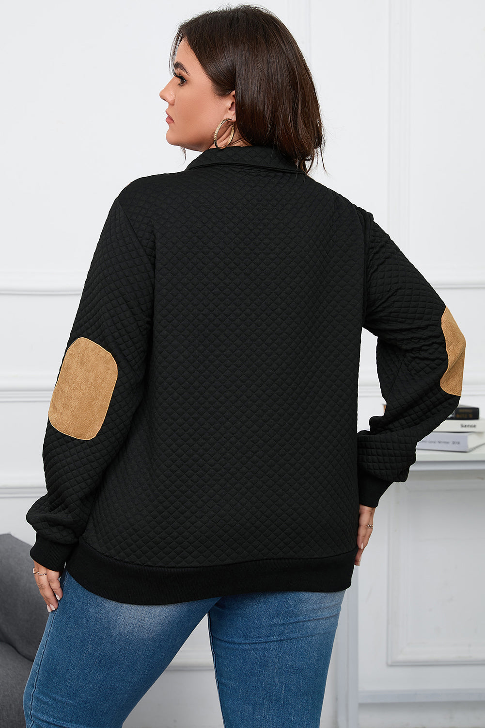 Black Plus Size Quilted Plaid Patch Henley Sweatshirt