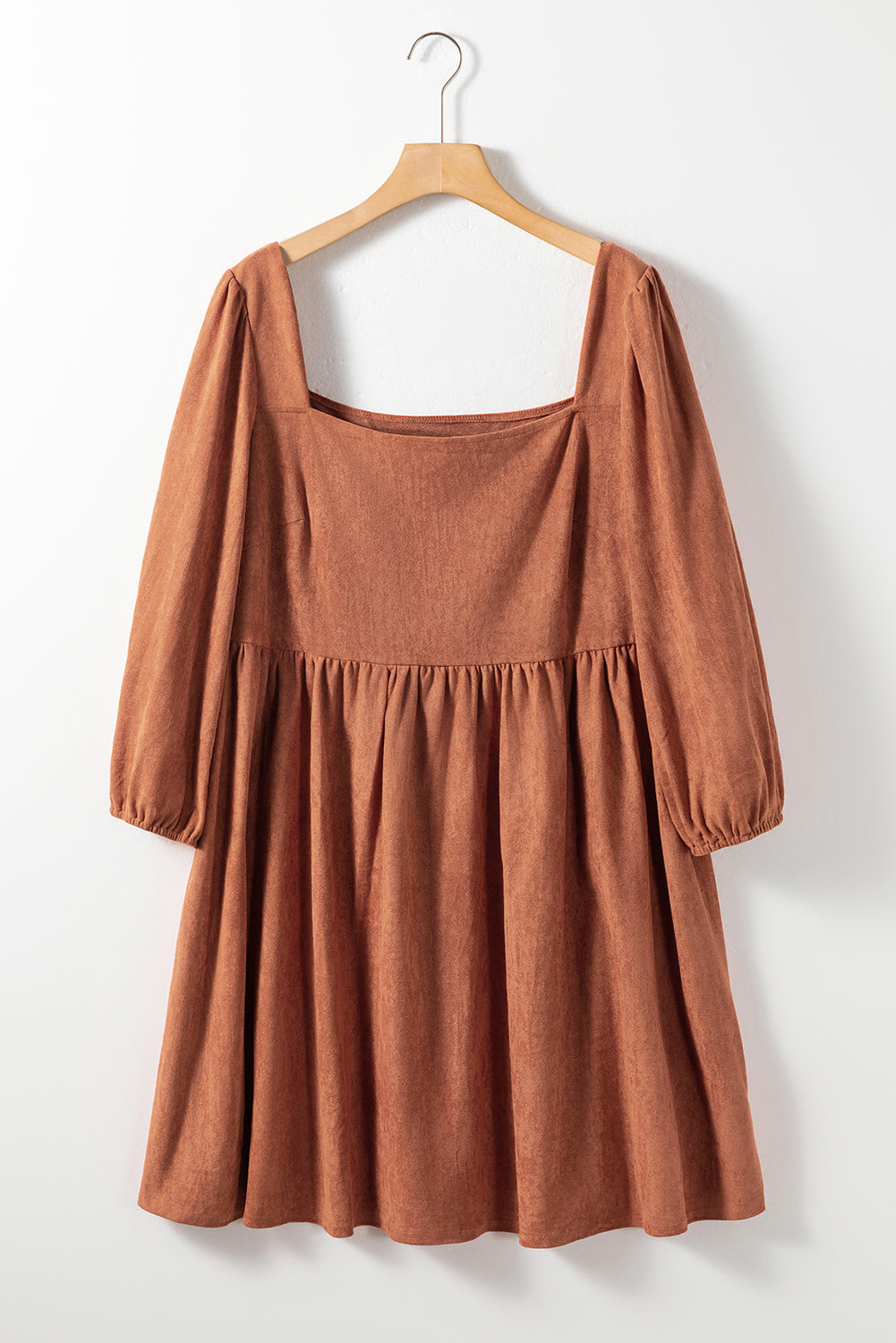 Chestnut Plus Size Suede Square Neck Balloon Sleeve Dress