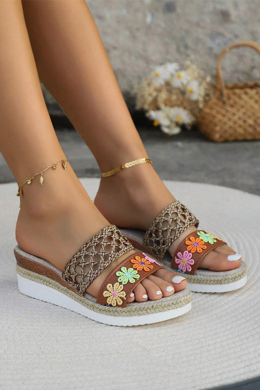 White Floral Print Braided Details Wedge Sandals