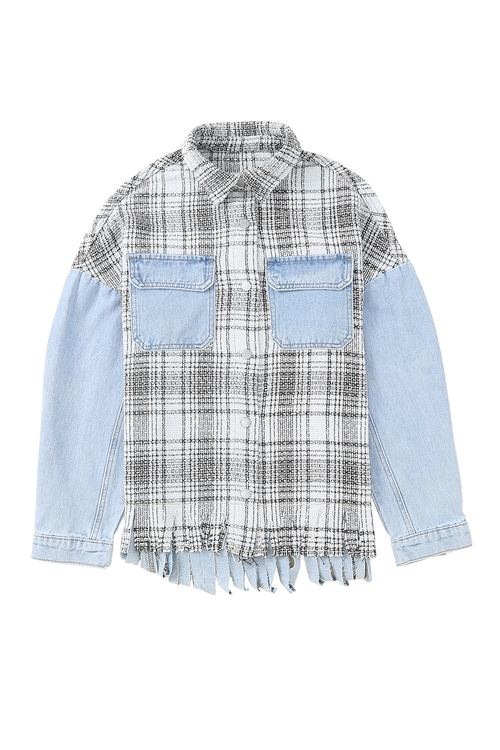 Sky Blue Plaid Patchwork Fringed Flap Pockets Denim Jacket