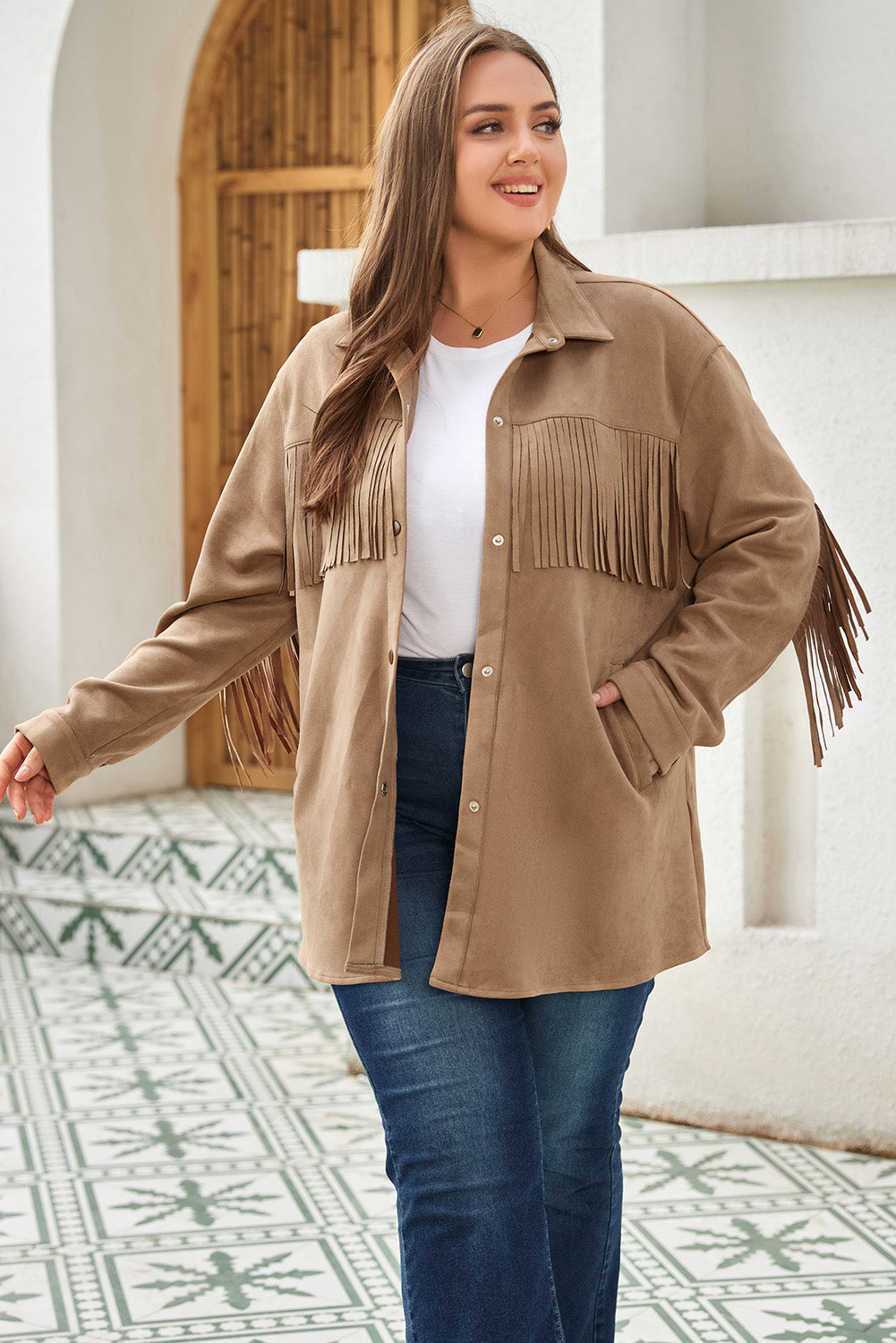 Khaki Fringe Trim Plus Size Suede Shacket