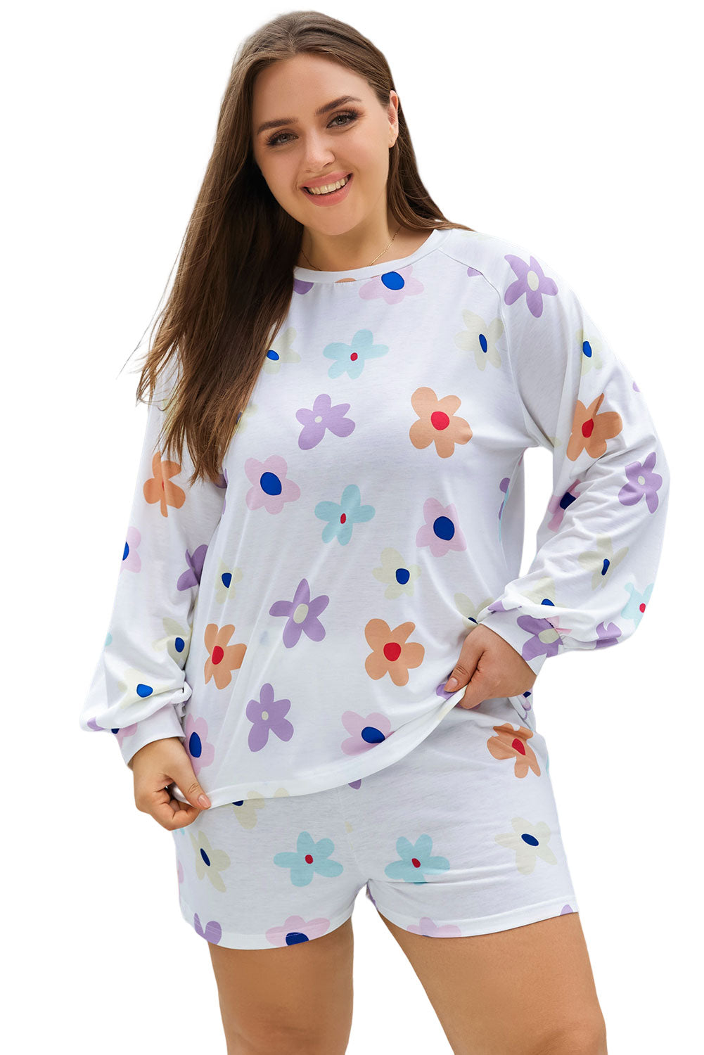 White Plus Size Flower Print Raglan Pullover and Shorts 2pcs Outfit