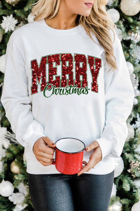 Beige MERRY Christmas Heat Transfer Printing Crewneck Pullover Sweatshirt