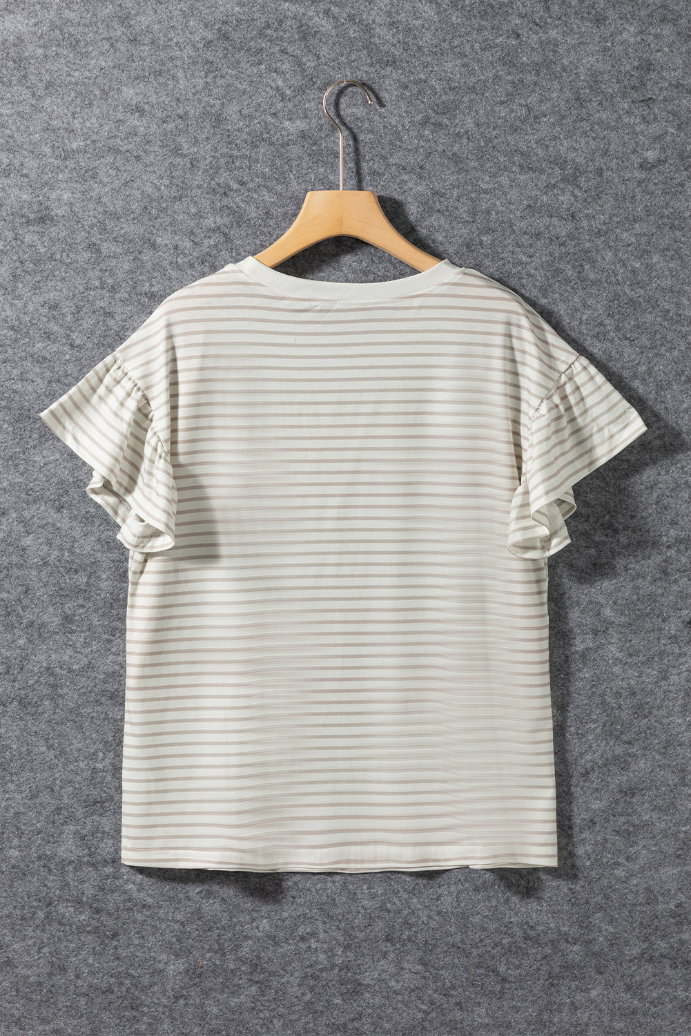 Light Grey Striped Lace Splicing Ruffle Sleeve T-shirt