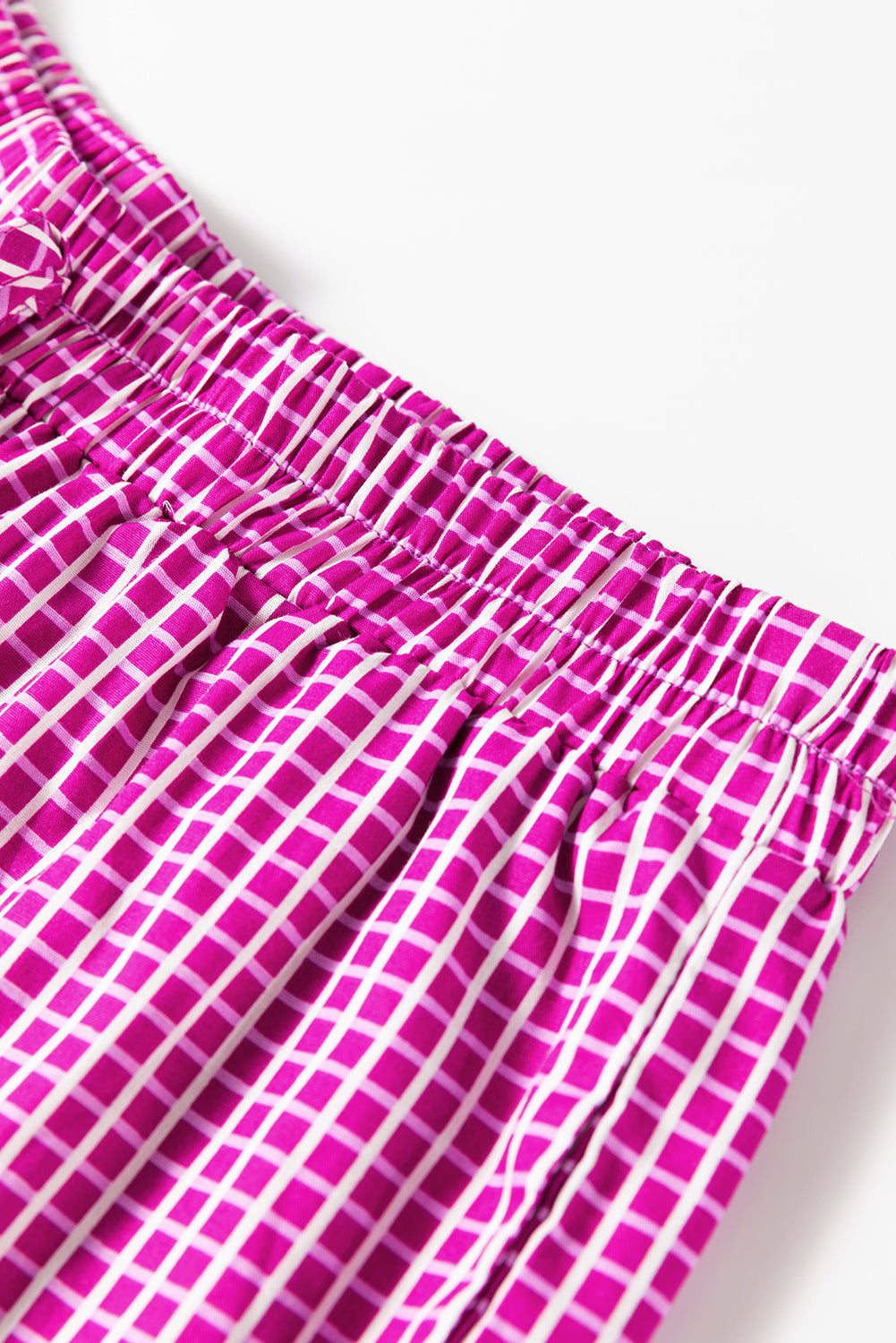 Pink Plaid Print Drawstring High Waist Wide Leg Casual Pants