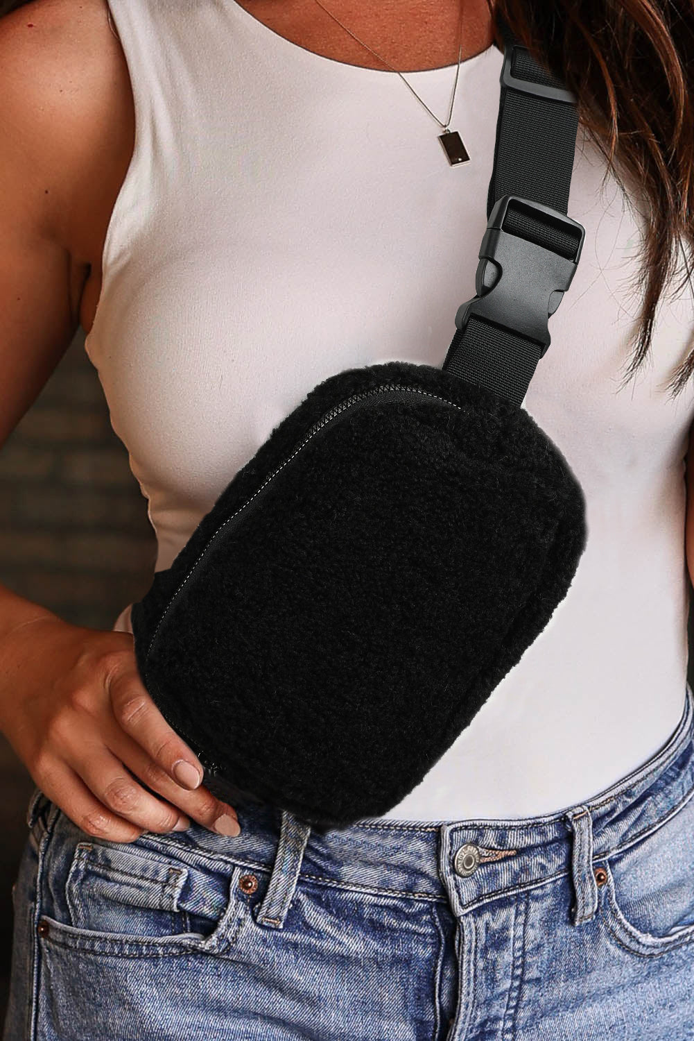 Black Sherpa Adjustable Strap Crossbody Bag