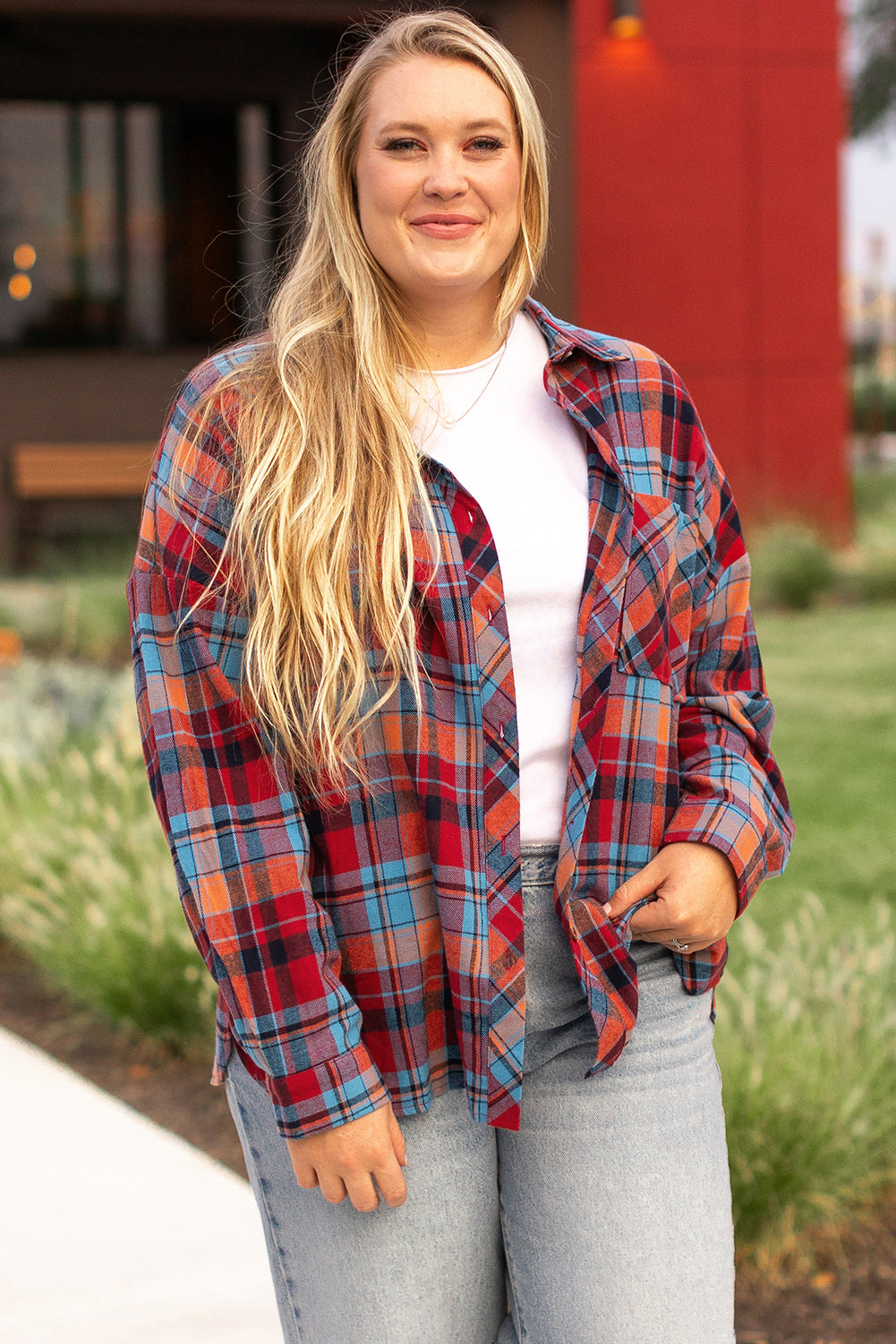 Orange Plus Size Plaid Print Buttoned Shirt