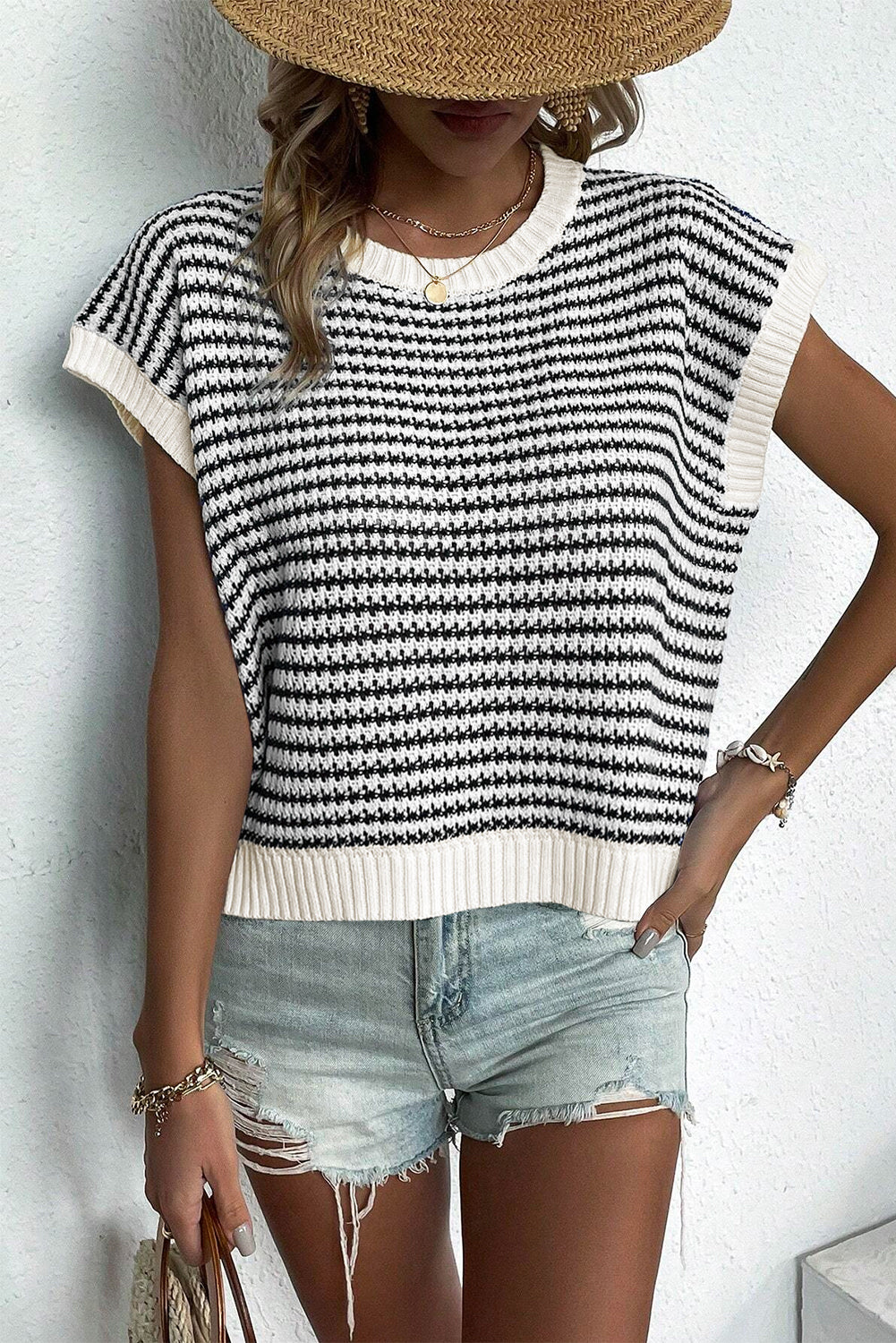 Black Stripe Ribbed Trim Loose Fit Knitted Sweater Vest