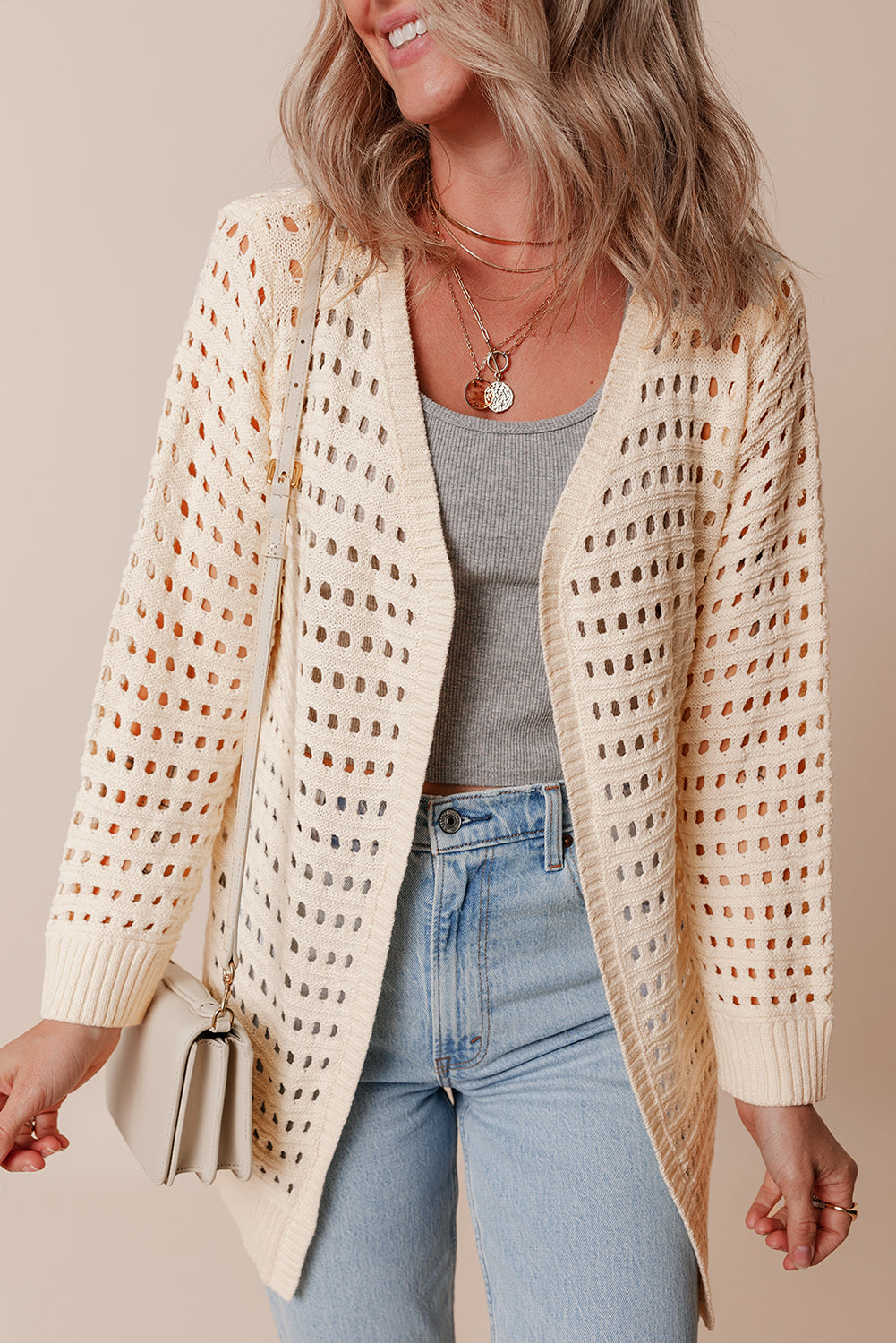 Apricot Solid Color Open Knit Textured Cardigan