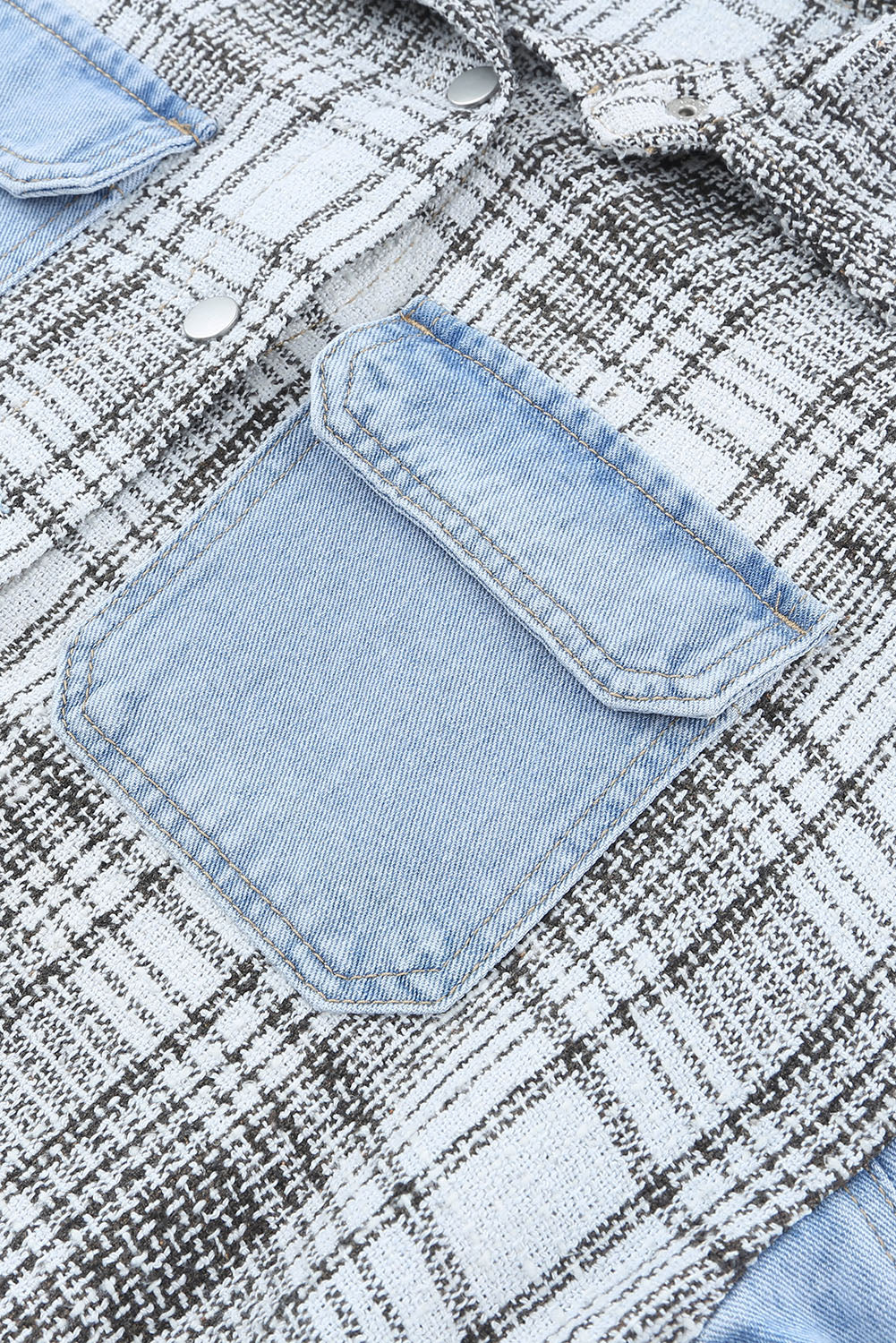 Sky Blue Plaid Patchwork Fringed Flap Pockets Denim Jacket