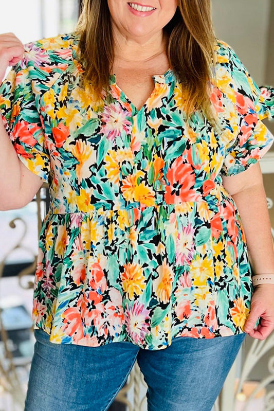 Multicolor Plus Size Ruffled Short Sleeve Floral Blouse