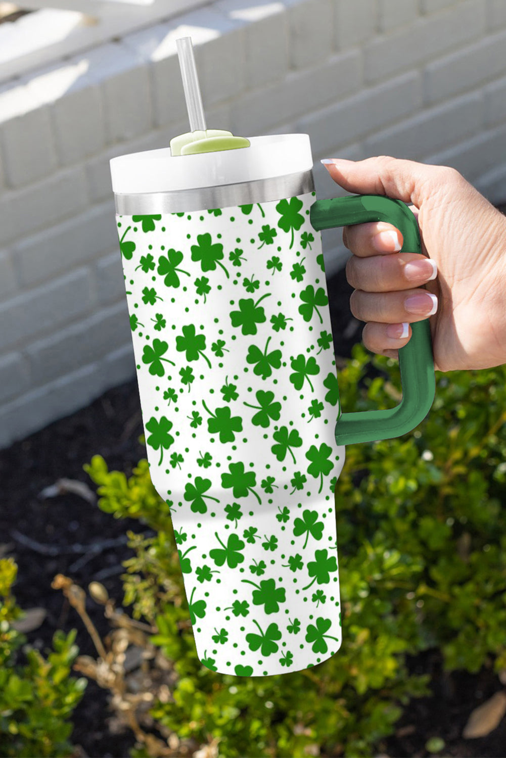 Dark Green St. Patrick’s Clover Print Thermos Cup with Handle 40oz