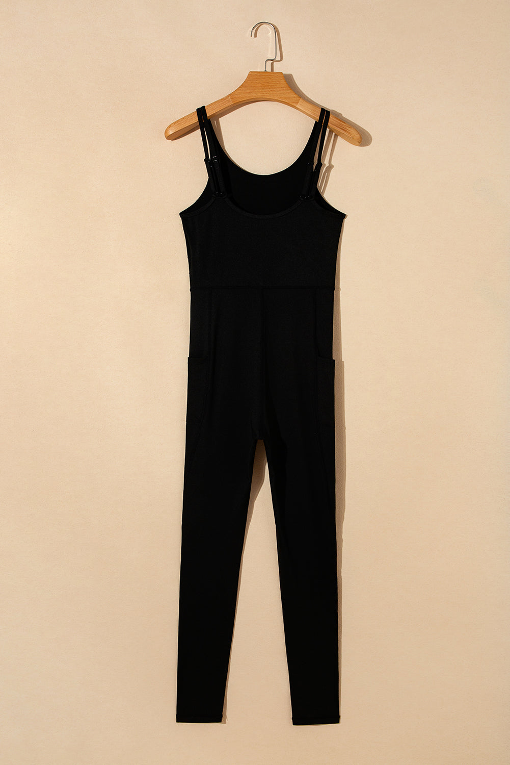 Black High Waist Backless Side Pockets Sports Jumpsuit