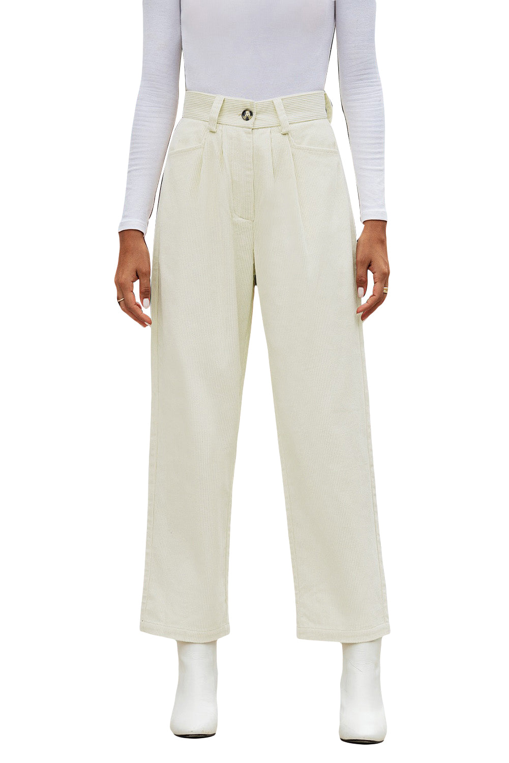 Beige Corduroy High Waist Straight Leg Pants