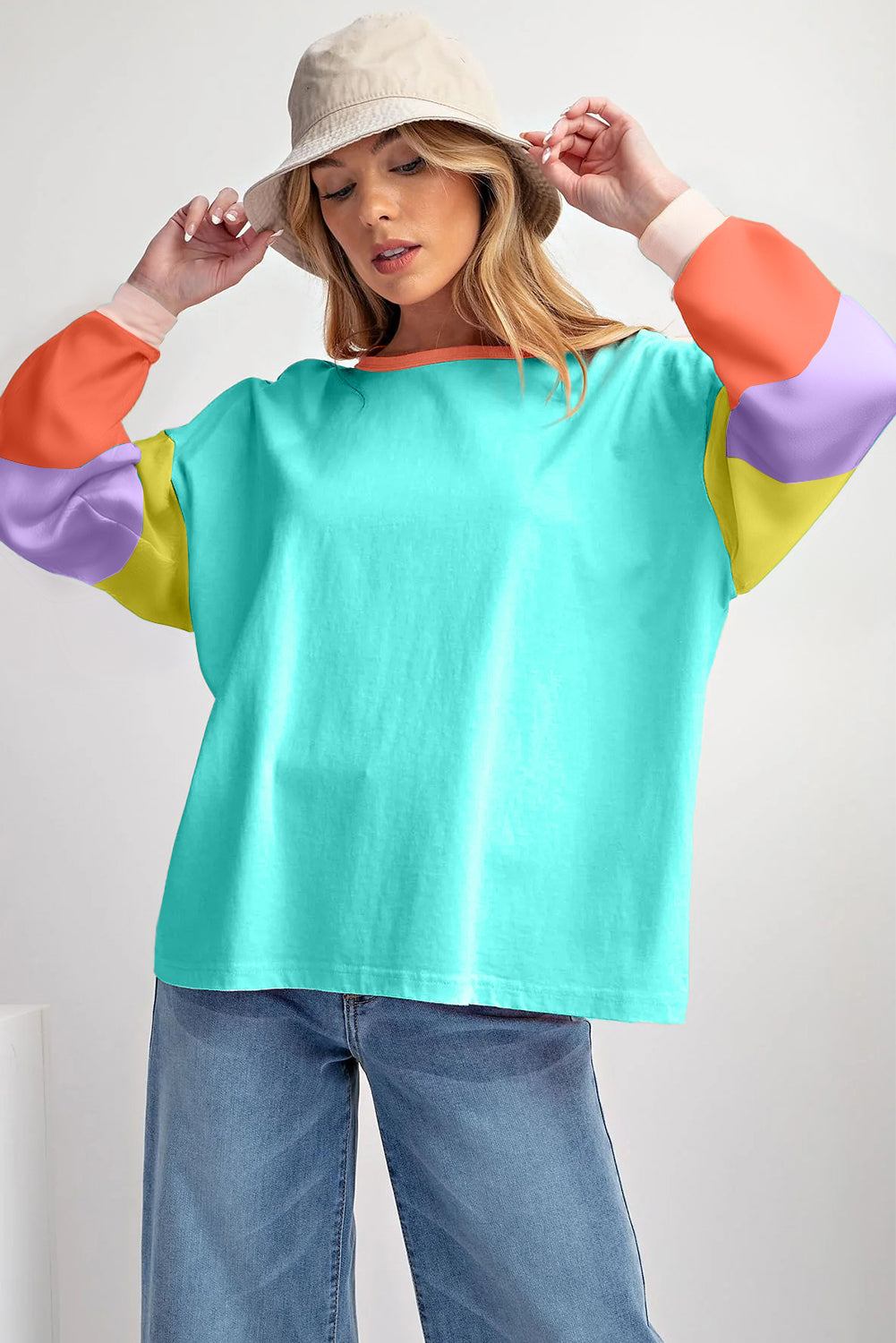 Green Colorblock Patchwork Long Sleeve Loose Top