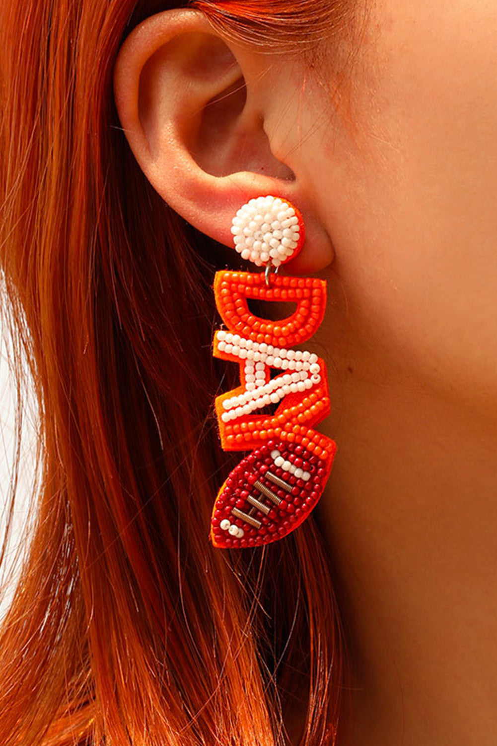 Orange GAME DAY Rugby Rice Bead Dangle Stud Earrings