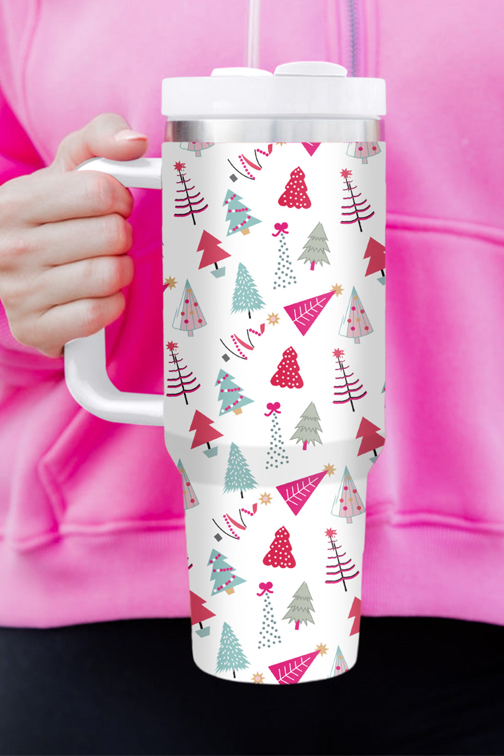 Rose Red Cartoon Christmas Tree Printed Thermos Cup 40oz