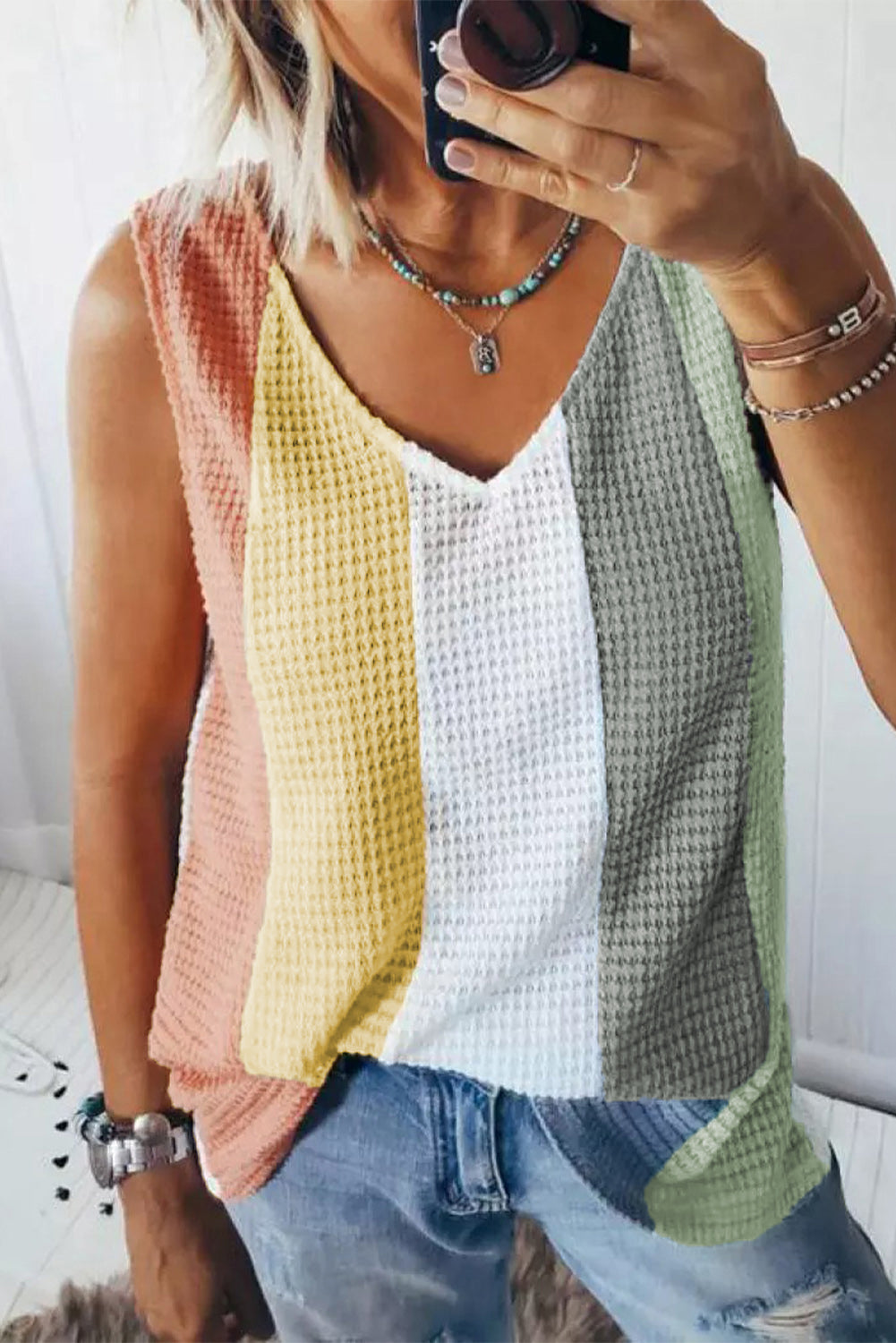 Multicolor Color Block V-Neck Waffle Knit Tank Top