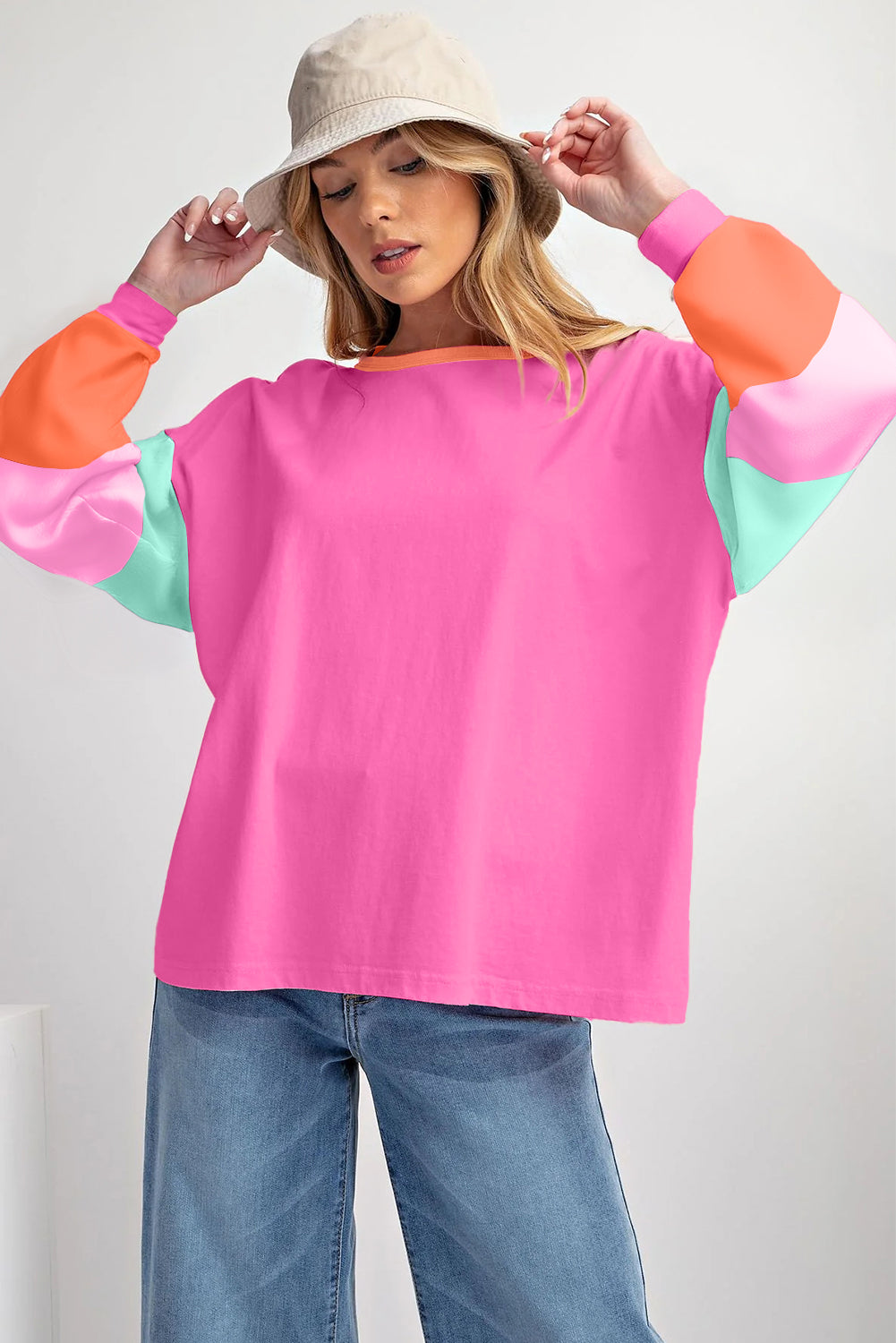 Green Colorblock Patchwork Long Sleeve Loose Top